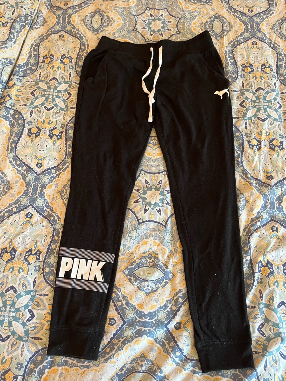 PINK Victoria's Secret Black Logo Jogger Pants with White Drawstring